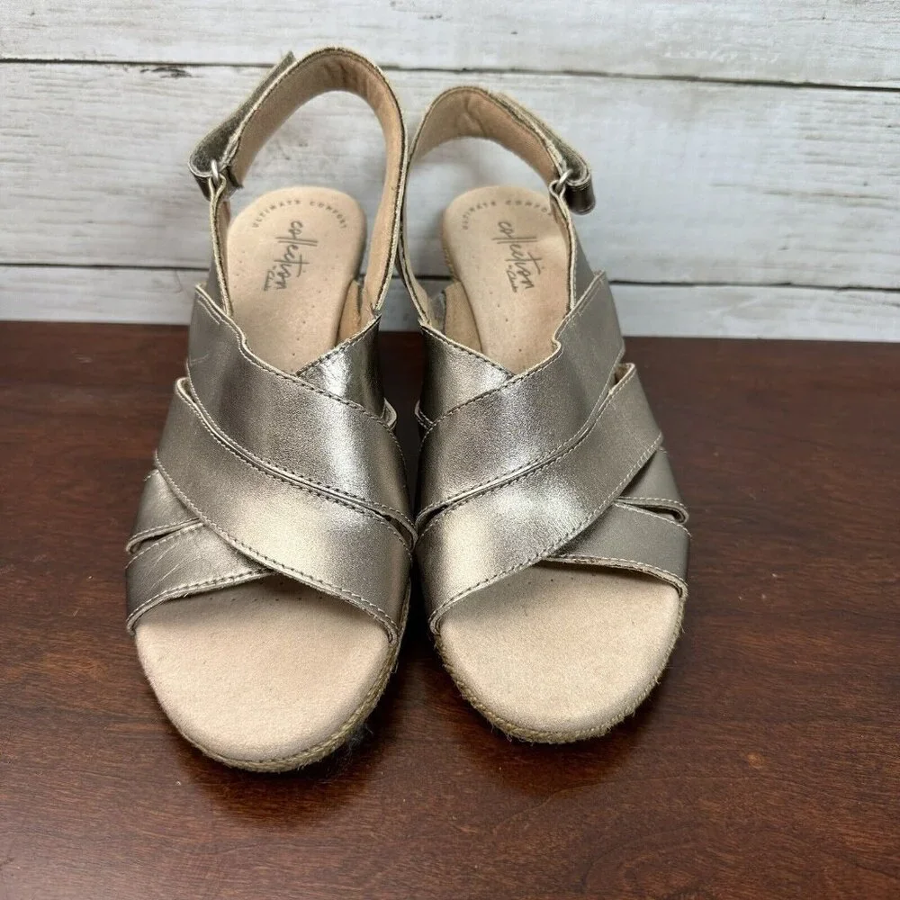 Clarks Collection Women's Espadrille Wedge Sling Back Heels Size 7.5 M Rope Gold